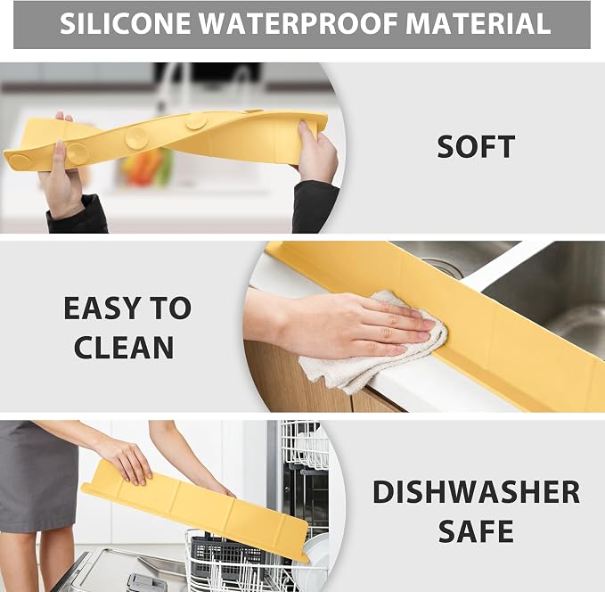 28Inch Silicone Sink Splash Guard with Strong Suction Cups, Flexible Kitchen Sink Splash Guard for Front of Sink, Easy to Clean Splash Guard for Kitchen & Bathroom (Yellow, 28''x2.8'')