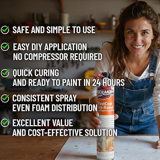 Kraken Bond Fastcoat Fire Rated Spray Foam Insulation Closed Cell in a Can 480 sq ft (24x27.1 oz.) (R-Value 11.32 / 2in) - Spray Foam for Garage Door, Attic, Wall Gun & Cleaner Not Included, 24 Pack