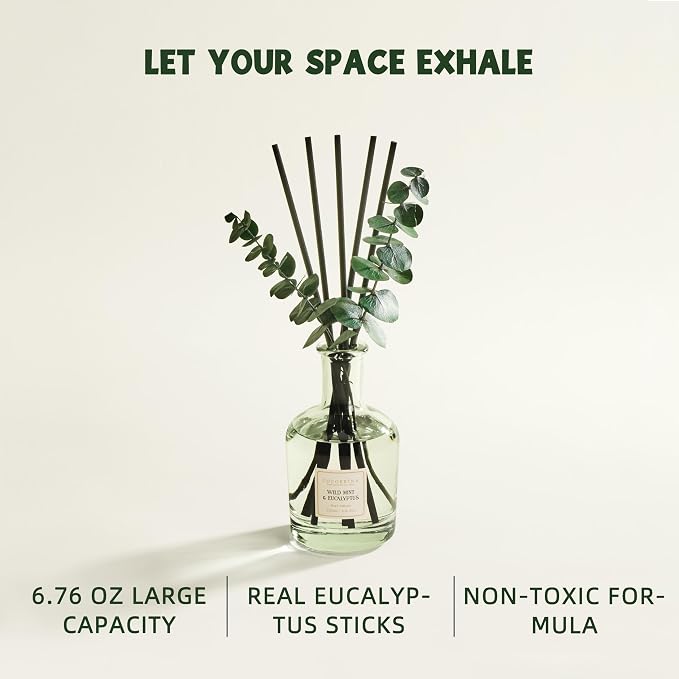 Wild Mint & Eucalyptus Reed Diffuser, 6.76 oz | Real Dried Eucalyptus Leaves, 8 Reeds, Long-Lasting Essential Oil, Home Fragrance, Bedroom or Bathroom Décor