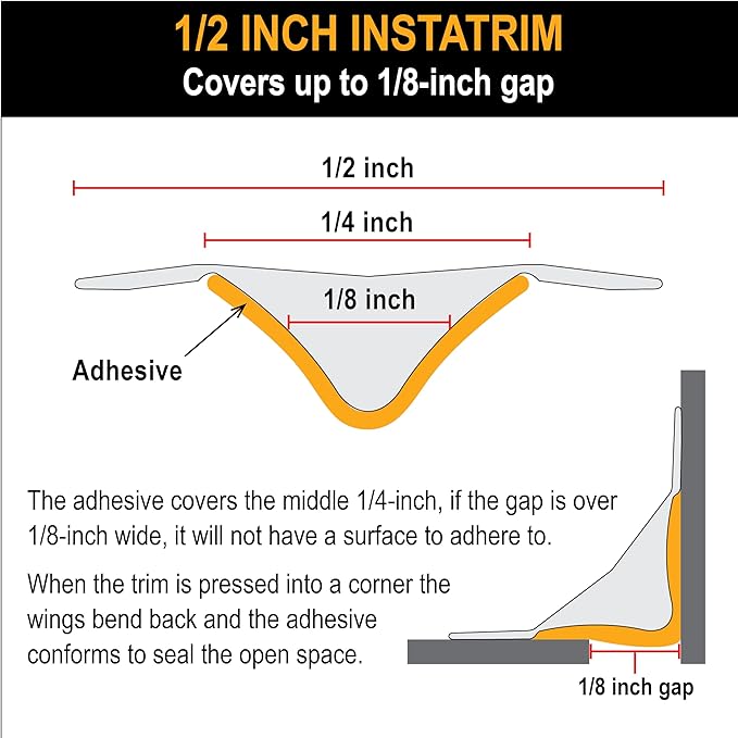 InstaTrim White New & Improved Caulk Trim, 1/2" by 10', Flexible, Water Resistant for Bathroom, Floors, and Walls | Easy Installation | No Mess, Stain Resistant