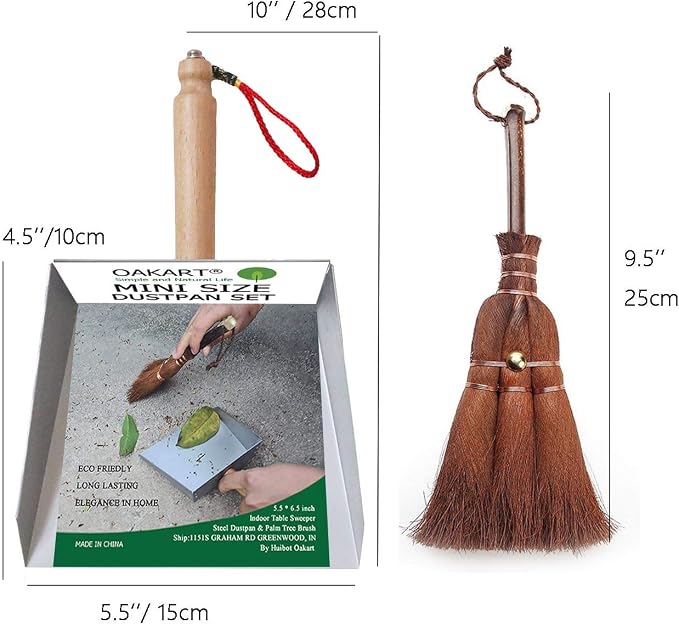 Mini Metal Dustpan and Brush Set for Fireplace Ash Cleanning | Stainless Steel Dust Pan and Hand Broom Palm Fiber Natural Bristles Bench Brush Anti-Static Heat-Safe for Counter Shop Garage