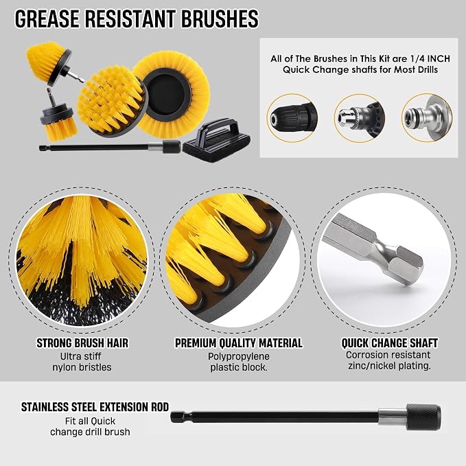 7 Piece BBQ Grill Cleaning Brush Ultra Stiff Drill Powered Cleaning Brushes Nylon Safe Bristle BBQ Grill Rust Remover Gift for Dad Grill Cleaner for Outdoor Grill (Yellow)