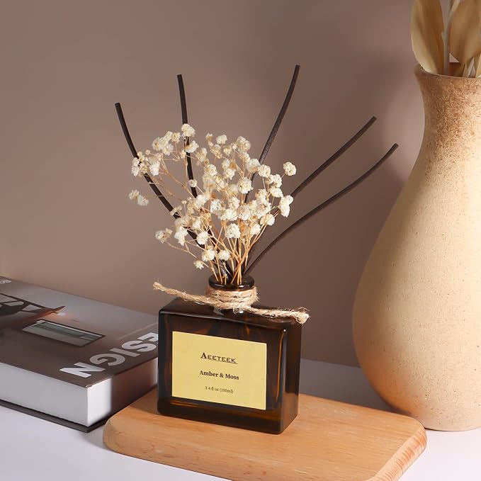Reed Diffuser, Amber & Moss Essential Oil Diffuser with Dried Flowers, 3.4 oz Scented Oil Air Freshener, Handmade Home Decor, Long-Lasting Room Scent Fragrance for Office, Bathroom | 3.4oz(100ml) Scented Oil Air Freshener, Handmade Home Decor, Long-Las...