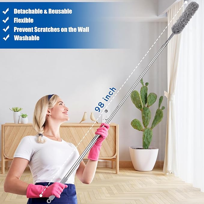 9PCS Dusters for Cleaning,Extendable Microfiber Duster with Extension Pole Up to 100'',Bendable Washable and Reusable Dusters Kit for Ceiling Fans, High Ceilings,Blinds,Furniture and Cars | Bendable Washable and Reusable Dusters Kit for Ceiling Fans, H...