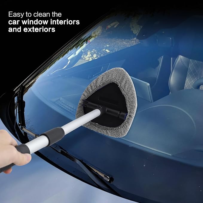 Windshield Cleaner Tool 22.5" L - Car Interior&Exterior Window Cleaning Kit with Extendable Handle&4 Microfiber Pads and Thick Large Wash Sponge, Auto Glass Wiper Brush Kit for Cars Home (7pcs Grey)