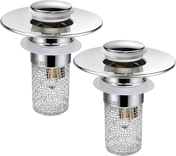 Universal Bathroom Sink Stopper & Hair Catcher, Stainless Steel Drain Filter Strainer, Anti-Clog Pop Up Drain Stopper for US Standard Bathroom Sinks(2PCS)