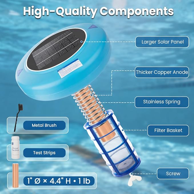 Solar Powered Pool Water Care Device for Above Ground & Inground Pools Up to 45,000 Gallons, Floating Pool Maintenance System with Thick Copper Component, Low Maintenance Pool Care Solution - Blue