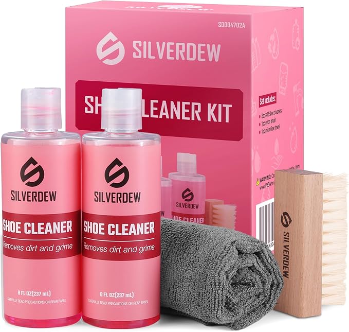 4PCS Shoe Cleaning Kit, Pink | 16oz Sneaker Cleaner, Nylon Brushes, Microfiber Towel, For Leather, Canvas, Mesh, Rubber & Synthetic Materials