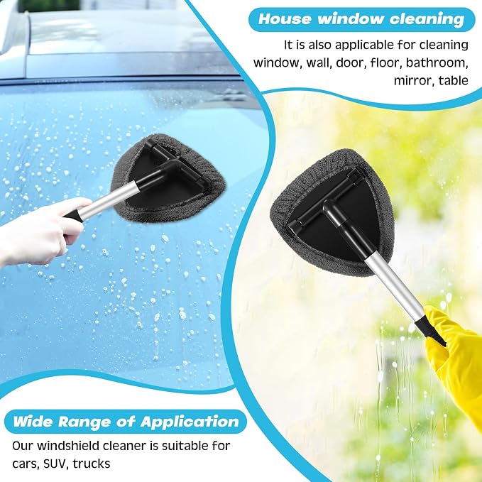 Potchen 8pcs Car Windshield Cleaner Tool with Extendable Handle, Grey | with Microfiber Towel Pads, Brush, Empty Spray Bottle, Car Window Cleaner for Auto Glass Wiper Suvs Rvs & Home Windows