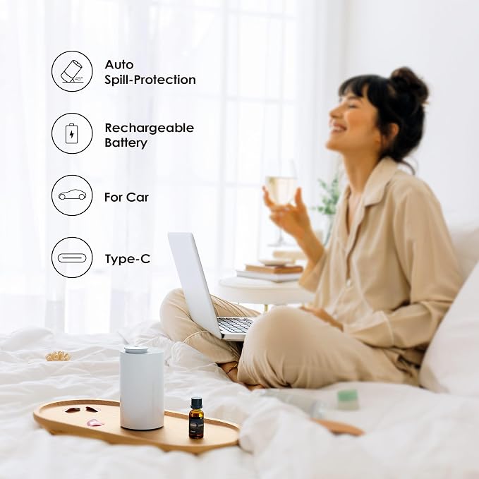 Airversa AN6 Waterless Essential Oil Diffuser Starter Kit, White | 2X20 mL BLG+BCR Hotel Scent Fragrance Oil, Up to 600 sq ft, Battery Operated, Portable for Home Car Office, AN6Kit-2x20-B