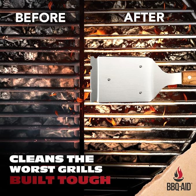 Bristle Free Grill Brush Cleaner and Scraper for Barbecue, Replaceable Head | Bristle-Free Grill Brush with Replaceable Head & Acacia Wood Handle. Heavy-Duty Scraper, No-Scratch BBQ Grate Cleaning.