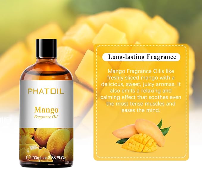 PHATOIL Mango Fragrance Oil for Diffuser Aromatherapy 3.38FL.OZ | Long Lasting Scented Oils For Humidifier, Air Freshener, DIY Soap Candle, Scent Project Making, Aroma Oil for Home Freshening