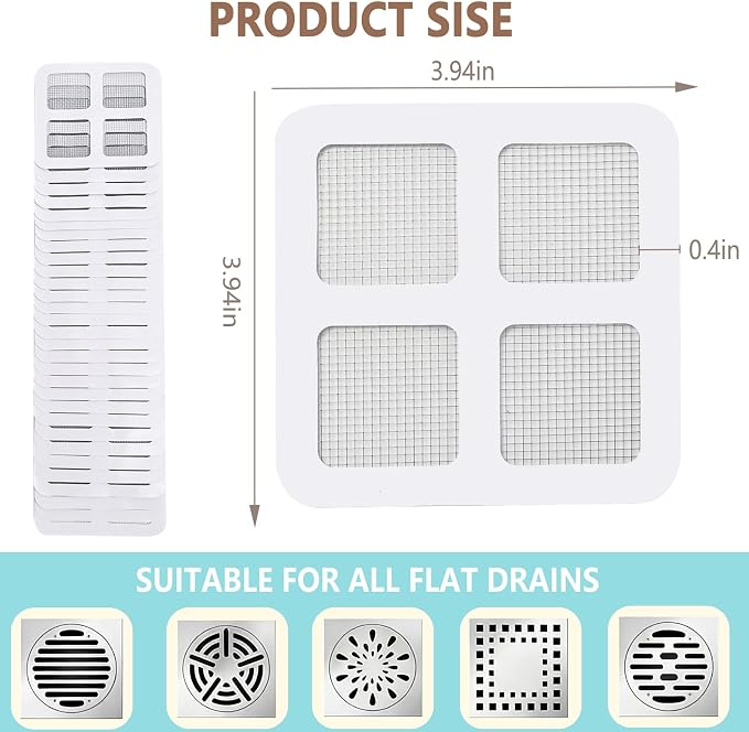 Shower Drain Hair Catcher 30 Pack for Disposable Drain Covers | 4 inch white mesh, bathroom sink strainer, bathtub water filter, waterproof adhesive backing, kitchen laundry plug hole