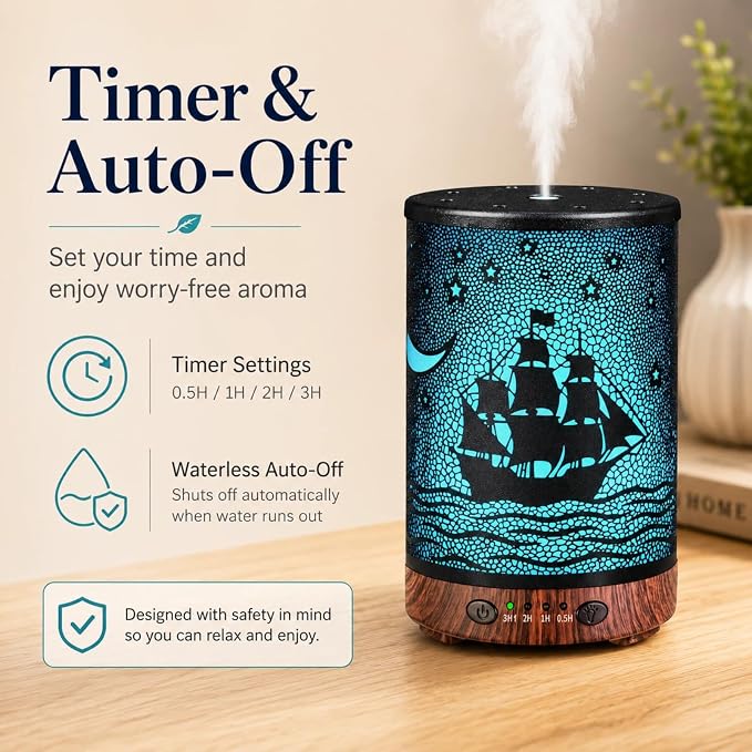 Essential Oil Diffuser 120ML Metal Aromatherapy Diffuser with Timer, Cool Mist Humidifier with Auto Shut-Off & 7 Color Lights for Home Office Spa (Sailing Ship)