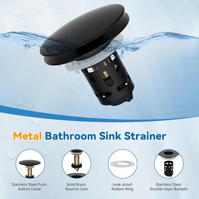 Universal Metal Bathroom Sink Stopper, Pop-Up Hair Catcher Strainer, Black | Large Cover Cap, Sink Drain Strainer with Detachable Double Filter, Drain Plug Fits 1.1"-2.36" US Basin, Brass Bounce Core