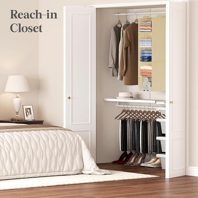 Lifewit 5 Tier Hanging Portable Closet Storage Organizer for Shelves, Beige | Foldable Clothes Shelf with 2 Sturdy Hooks, Sweater/Coat/Shoes Clothing Organization for Wardrobe, Dorm, Bedroom
