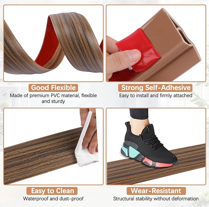 Vinyl Door Threshold Flooring Transition Strip Self Adhesive Carpet Edging Strip for Laminate Doorway Edge Threshold from 3/5" to 4/5" (Smoked Brown Wood Grain, 6.6 Ft)