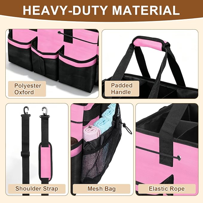 ALSLEA Large Cleaning Caddy Bag - 15" x 10.5" x 9" Heavy-Duty Organizer Tote for Housekeepers, Janitors & Home Cleaning Supplies with Adjustable Shoulder Strap & Multiple Pockets (Pink)