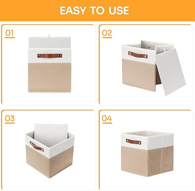 DULLEMELO 11 inch Cube Storage Bins,Fabric Storage Cubes for Organizing,Collapsible Foldable Linen Canvas Closet Storage Bins for Shelves Closet Bedroom Toys Home Office(White&Khaki)