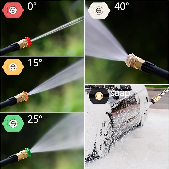 Pressure Washer Nozzle Tips 4500 PSI, Multiple Degrees,3.0GPM, 5Pcs | Pressure Washer Spray Nozzle Tips, 1/4 In Quick Connect, 0° 15° 25° 40° Soap Tip for Cleaning Car, Garden Road, Watering