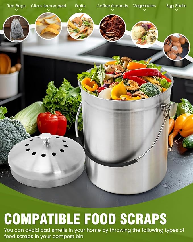 Countertop Compost Bin Kitchen Stainless Steel 1.3 Gallon | With Lid, 2 Charcoal Filter for Odorless Composting, SOFT-GRIP Handle