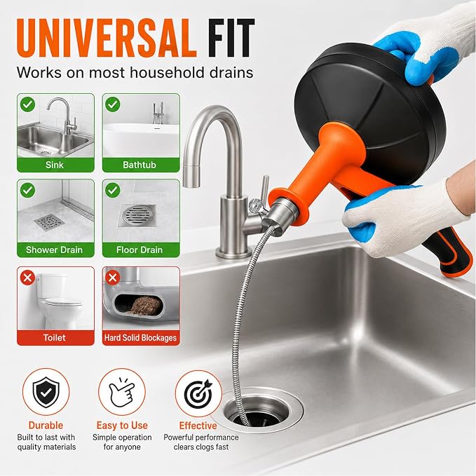 25FT Drain Auger with Drill Adapter, Durable Pipe-Safe Plumbing Snake, Auto-Retract Clog Remover for Kitchen Sink, Bathroom, Shower, Tub, Gloves Included