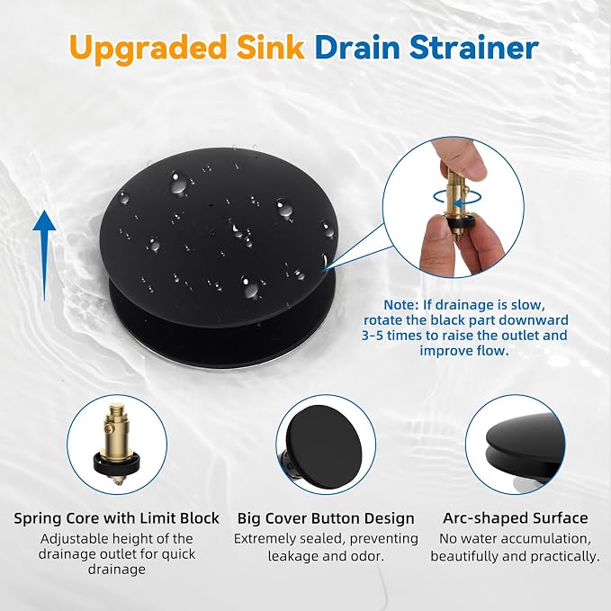 Universal Metal Bathroom Sink Stopper, Pop-Up Hair Catcher Strainer, Black | Large Cover Cap, Sink Drain Strainer with Detachable Double Filter, Drain Plug Fits 1.1"-2.36" US Basin, Brass Bounce Core