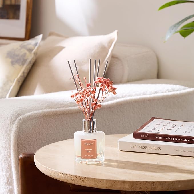 Reed Diffuser Set,3.38 fl oz (100 ml) - English Rose Oil Diffusers with 8 Reed Sticks, Home Fragrance Reed Diffuser for Bathroom Shelf Decor