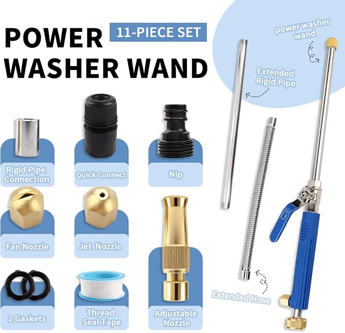 High Pressure Jet Hose Nozzle Attachment Wand，Power Washer Hydro Nozzle Attachment,Wand Lance for Gutter Patio Car Pet Window Glass Blue Extend