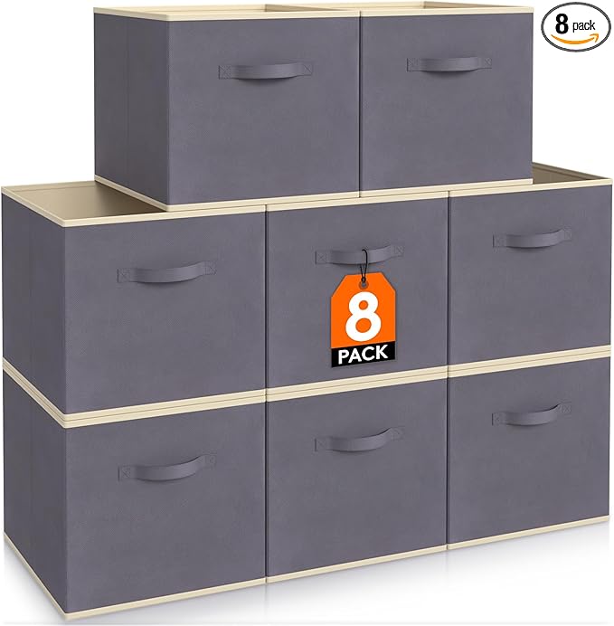 Lifewit 13 Inch Cube Storage Bins, Storage Cubes Foldable Medium Decorative Fabric Storage Baskets for Organizing Home Organizers with Handles for Shelves, Closet, Set of 8, 36L Grey