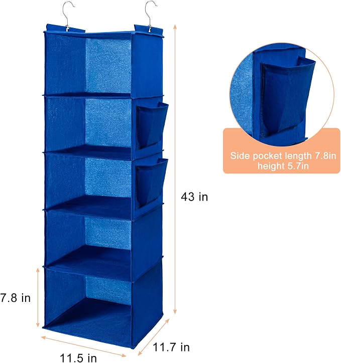 BOOMIBOO Hanging Closet Organize and Shelves,5-Hanging Shelf （Blue） | with 2 Side Pockets，Storage Foldable