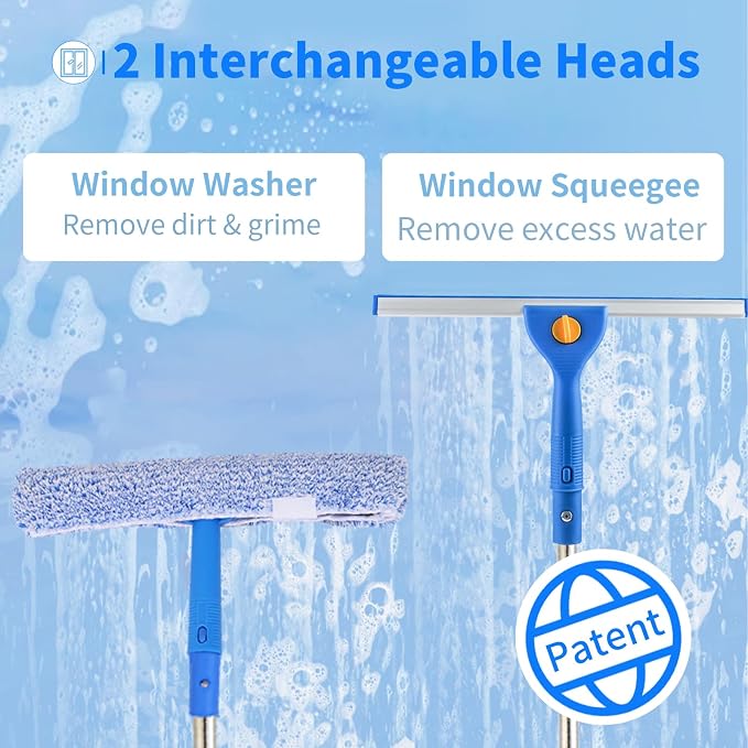 10Ft Window Squeegee with Long Handle, Window Washer for High Windows Glass | 14" Squeegee for Window Cleaning, 15" Microfiber Scrubber, 120" Window Cleaning Kit, Window Washing kit for Home, Outdoor