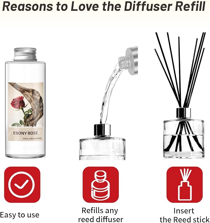 STRN Reed Diffuser Oil Refill, Ebony Rose Scented Diffuser 200ML | Summer Long-Lasting Fragrance for Living Room, Bedroom, Office, Home Décor