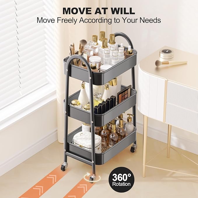 EAGMAK 3 Tier Rolling Cart, Large Metal Storage Cart with Handle and Lockable Wheels, Big Multifunctional Storage Organizer Trolley with Mesh Baskets for Kitchen, Living Room, Office, Garage (Black)