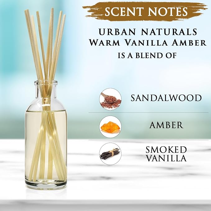 Reed Diffuser Set, Warm Vanilla Amber - Bathroom Shelf Décor | Creamy. Warm. Sultry. Notes of Sandalwood, Amber & Smoked Vanilla, Made with Essential Oils & Real Botanical Pieces