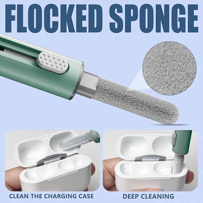 Inesore Multi Cleaning Kit for AirPods & All Bluetooth Earbuds (Green) | 3-in-1 Design with Brush,Sponge & Metal Tip, Airpod Cleaning, Phone Cleaner, Earbud Cleaning, Electronic Device Cleaning Tool
