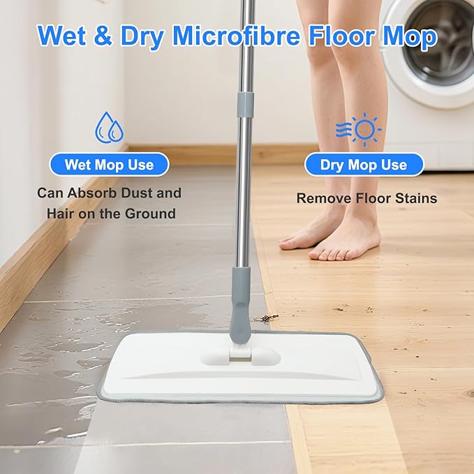 wlich Microfiber Floor Mop, 55" Extendable Flat Mop with 4 Reusable Pads | 360° Rotating Head, 4 Pads, 1 hook, 1 wall piece, and 1 scraper, Wet Dry Dust Mop for Bathroom Kitchen Floor,Ceramic Tiles