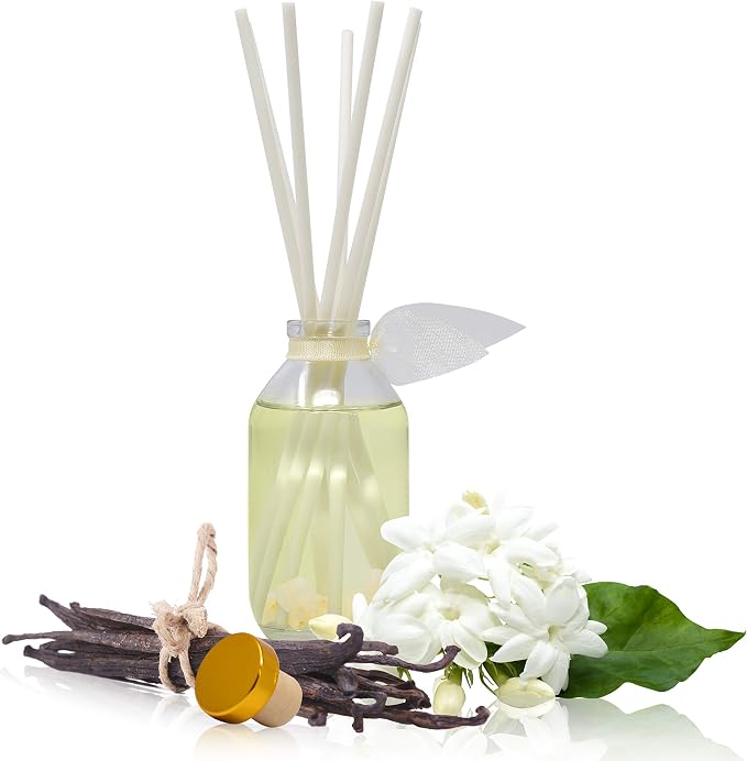Reed Diffuser Set - Jasmine Vanilla Scented Diffuser with Sticks | Home Fragrance Reed Diffuser for Bedroom, Bathroom Shelf Décor, with Real Rose Flowers in the Bottle - Made in the USA