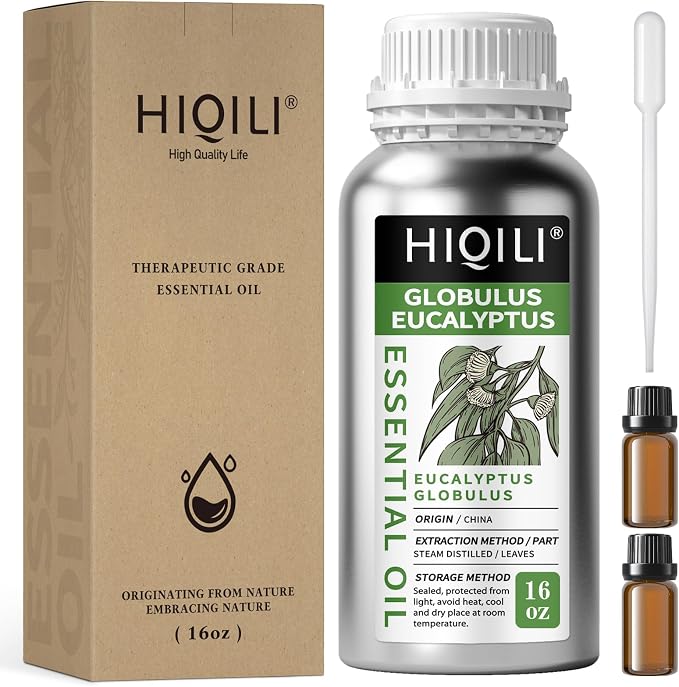 HIQILI Eucalyptus Essential Oil for Spray, Diffuser & Skin | with Two Travel Vials, Diffuse for a Crisp, Airy Atmosphere, DIY Blends and Body Massage —500ml / 16 fl oz