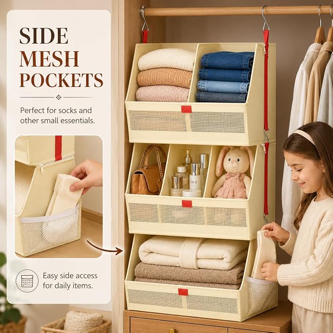 Hanging Closet Clothes Organizers and Storage Detachable 3 Tier Wider | Hanging Clothes Organizers for Bedroom,Dorm,RV,,Camper,See Through Front Panel,Space-Saving,Can Be Separated Individually