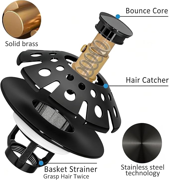AzWzz Bathroom Sink Drain Strainer, 3 in 1 Pop Up Bathroom Sink Stopper Plug with Hair Catcher Cover, Universal for 1.06 in to 1.6 in Sink Drain, Matte Black