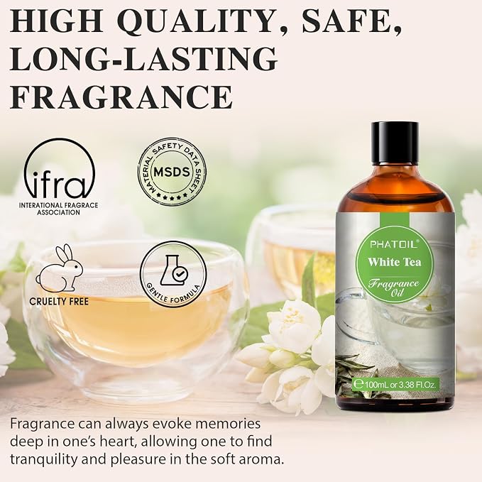 PHATOIL White Tea Fragrance Oil for Diffuser Aromatherapy 3.38FL.OZ | Long Lasting Scented Oils For Humidifier, Air Freshener, DIY Soap Candle, Scent Project Making, Aroma Oil for Home Freshening