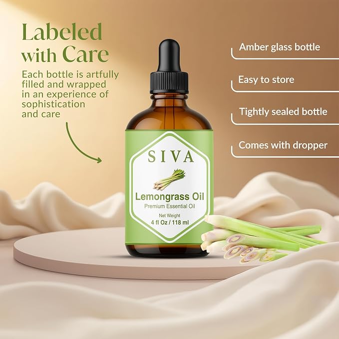 Siva Lemongrass Essential Oil, Glass Bottle with Dropper, 4 Fl Oz (118 ml) | Lemongrass Oil for Diffuser, Humidifier, Home Fragrance, Room Spray, Skin, Body Massage, Soap Making, Candle Making & DIY