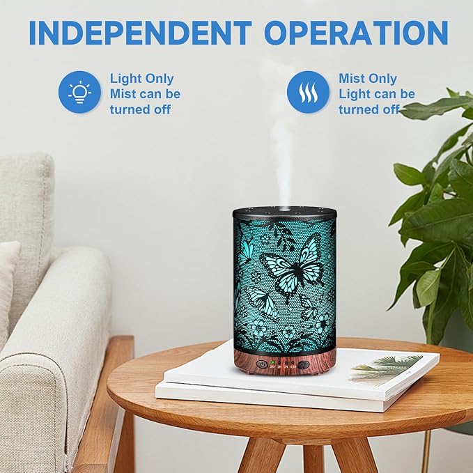 Essential Oil Diffuser 120ML Metal Aromatherapy Diffuser with Timer, Cool Mist Humidifier with Auto Shut-Off & 7 Color Lights for Home Office Spa (Big Butterfly)