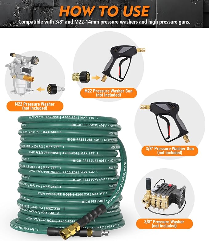 Pressure Washer Hose 50 ft, 4200 PSI Steel-Braided & Durable - Flexible & Kink-Resistant, Power Washer Hose with 3/8" Swivel Quick Connect, Hot/Cold Water Compatible - 50 Foot, Green