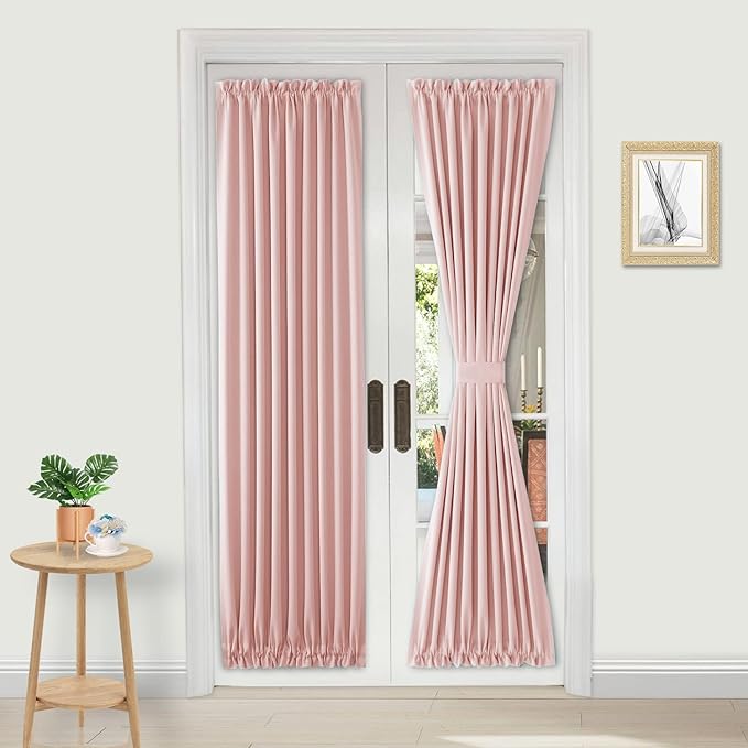 DWCN French Door Curtains – Rod Pocket Thermal Blackout Curtain for Doors with Glass Window, Kitchen and Patio Doors for Privacy, 25 X 72 Inches Long, 1 Curtain Panel with Tieback,Blush Pink