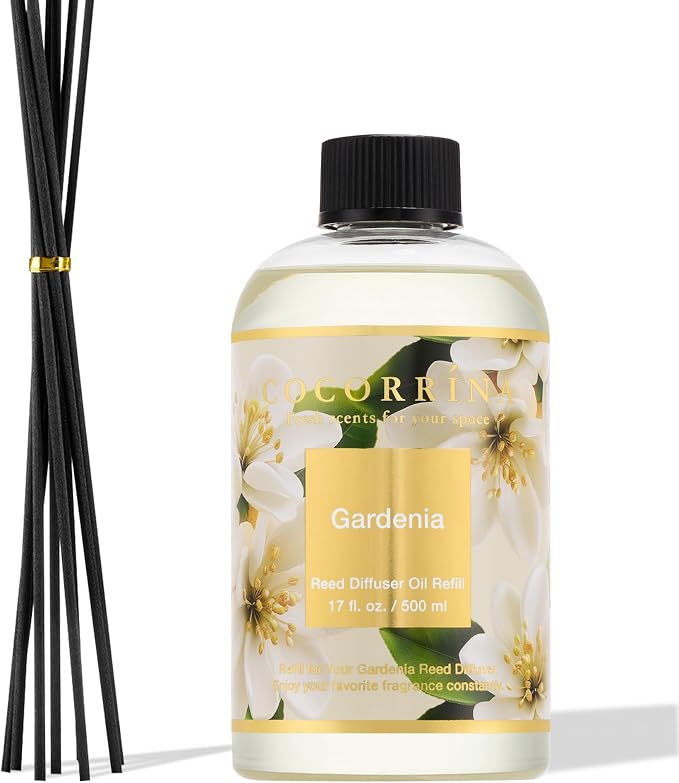 Reed Diffuser Refill Gardenia 17oz (500ml) with 8 Sticks - Premium Long-Lasting Scented Oil, Home Fragrance for Bedroom, Bathroom Home Decor