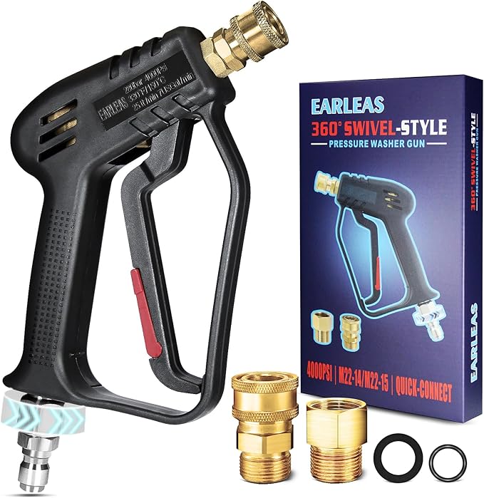 Short Pressure Washer Gun with Swivel, 4000 PSI Power Washer Gun, M22 14mm/15mm & 3/8" QC Inlet, 1/4" Quick Connect for Foam Cannon, Car Wash, Patio & Driveway
