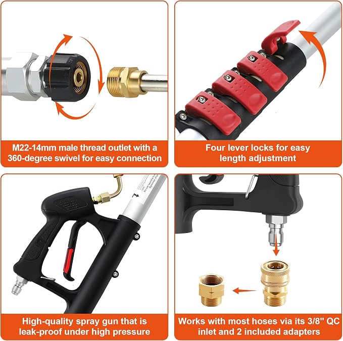 Telescoping Pressure Washer Wand 24 ft Pressure Washer Extension Wand 24 Feet Power Washer Extension Wand Aluminum with Brush Head,Gutter Cleaner, 5 Spray Nozzle Tips, 2 Hose Adapters, Support Belt