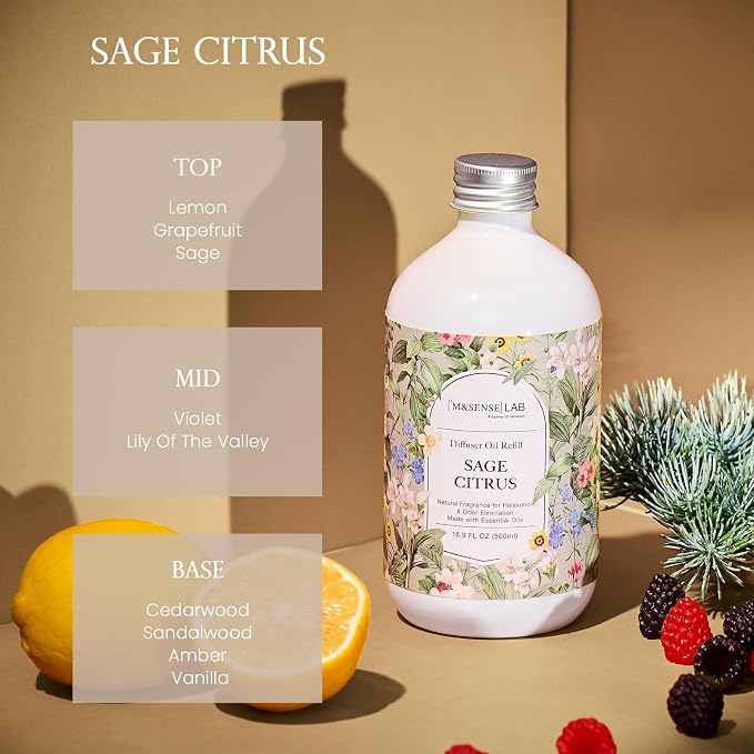 M&SENSE Reed Diffuser Set, Sage Citrus, 17oz Natural Essential Oil | Non-Toxic Organic, Long-Lasting Fragrance, Ideal for Living Room, Home Office, Gifts for Women